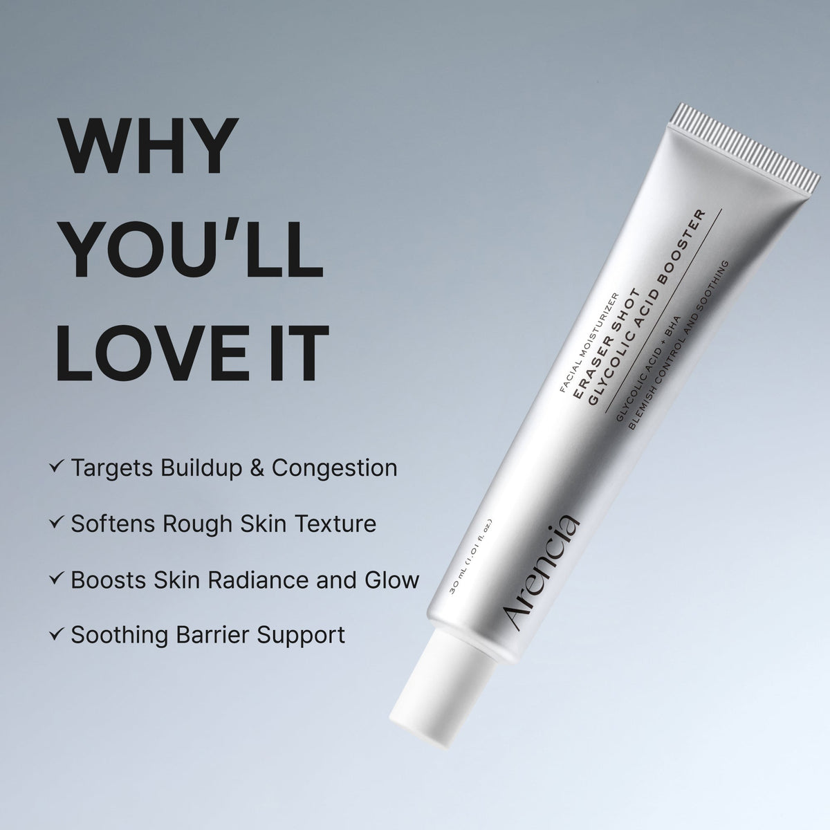 Arencia Eraser Shot Glycolic Acid Booster, Daily Clarifying Multi-Acid Formula for Smoother, Clear-Looking Skin 30ml