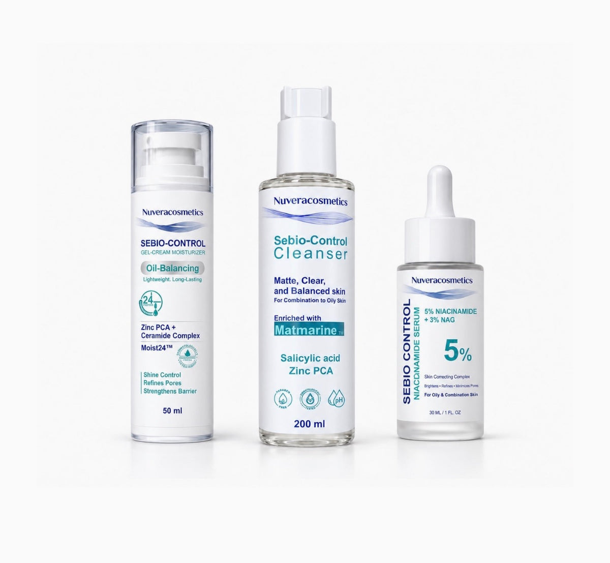 Nuvera Cosmetics Oily Routine ( Sebio-Control Gel-Cream Moisturizer – 50 ml +     Sebio-Control Cleanser – 200 ml +     Sebio-Control Niacinamide Serum 5% + NAG 3% – 30 ml)